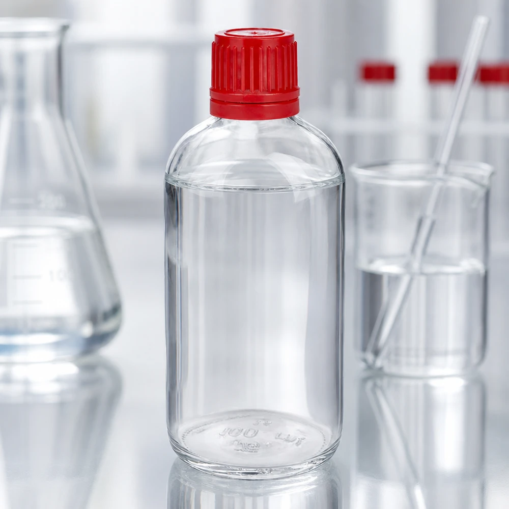 Frasco de laboratorio cilíndrico ClearLine de 100 ml con tapón de seguridad rojo en el entorno del laboratorio