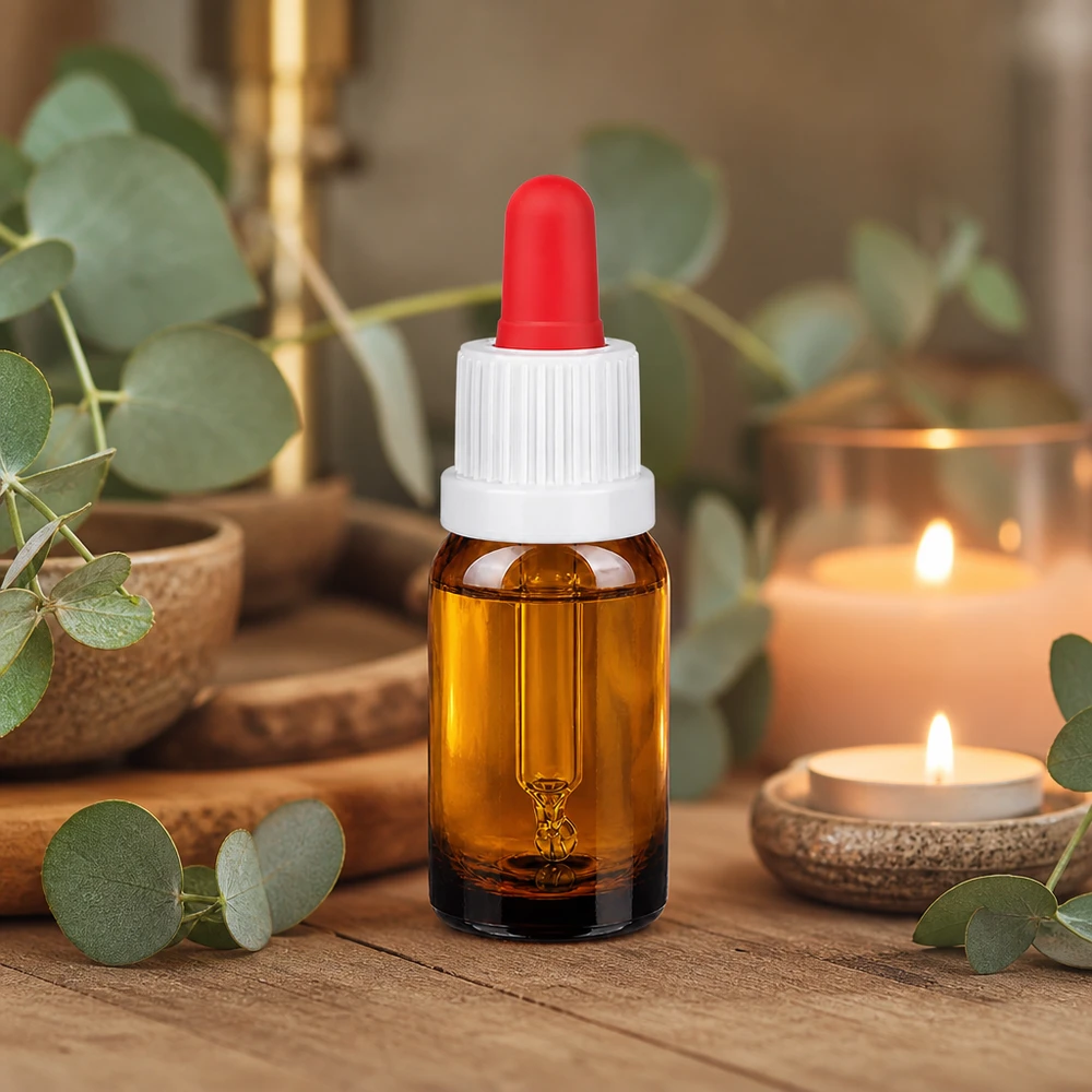 Frasco pipeta 10ml blanco/rojo cierre inviolable BrownLine UT18/10 Pequeño frasco pipeta de 10 ml en vidrio ámbar con práctico tapón cuentagotas para cosméticos