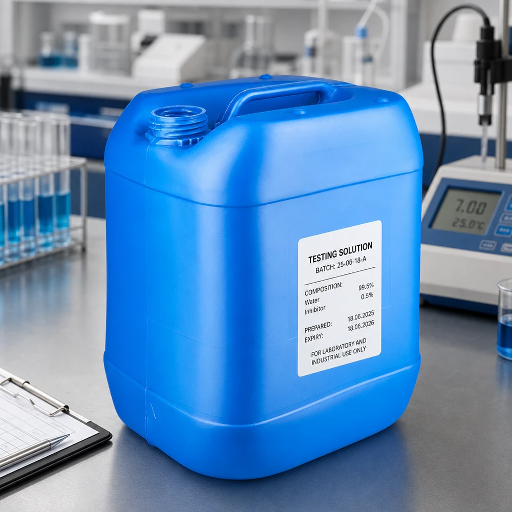 Bidón azul de 20 litros con rotulación de laboratorio y asa de transporte para soluciones de ensayo, sin tapón