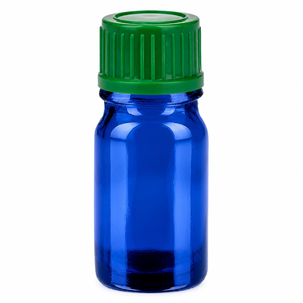 Frasco de vidrio azul de 5 ml con tapón de rosca verde 11 mm SV STD BlueLine UT18/5