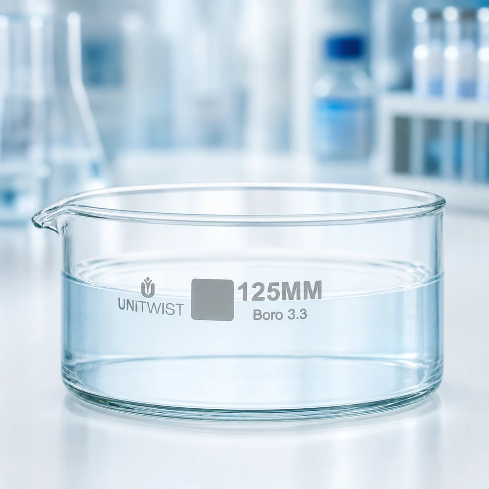 Cristalizador ø125mm vidrio borosilicato UNiTWIST Cubeta de cristalización vacía de 125 mm, UNiTWIST, vidrio borosilicato Boro 3.3, diseño plano, soporte de laboratorio