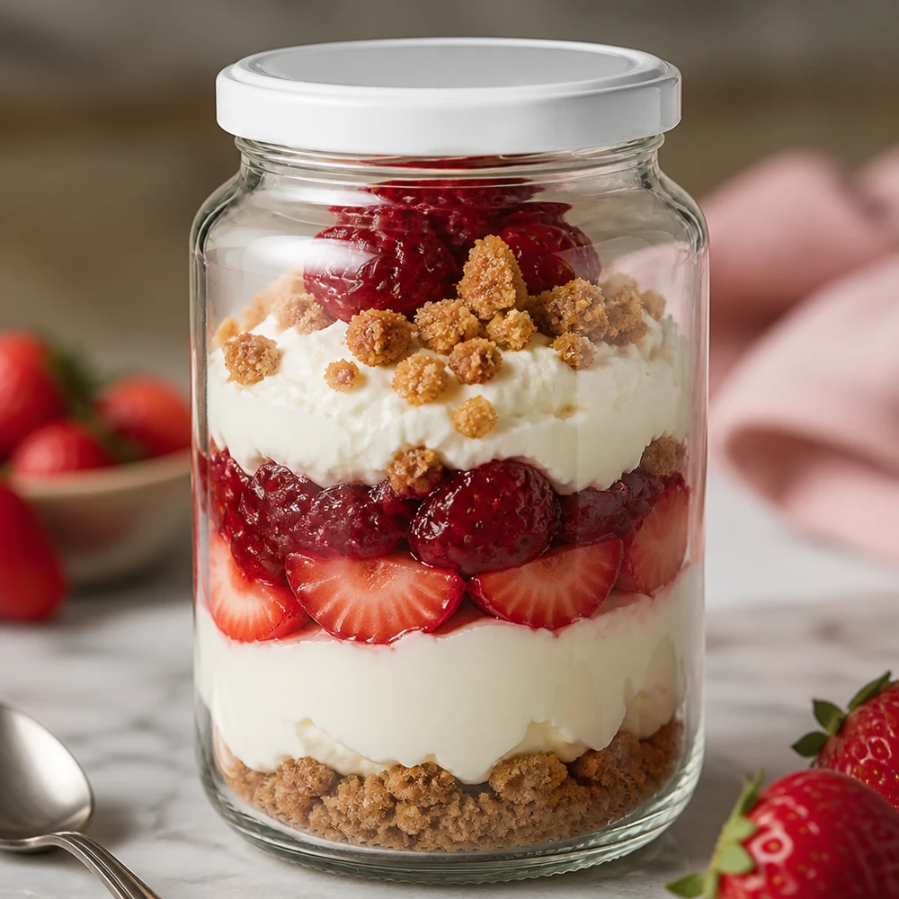 Vaso redondo UNiTWIST de 382 ml con tapa blanca BasicSeal como vaso de postre con capas de fresas y nata