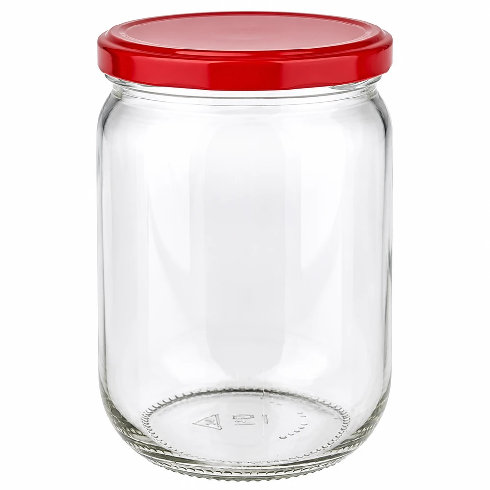 Tarro redondo de 555 ml con tapa BasicSeal roja de cristal transparente, ideal para conservas y almacenamiento