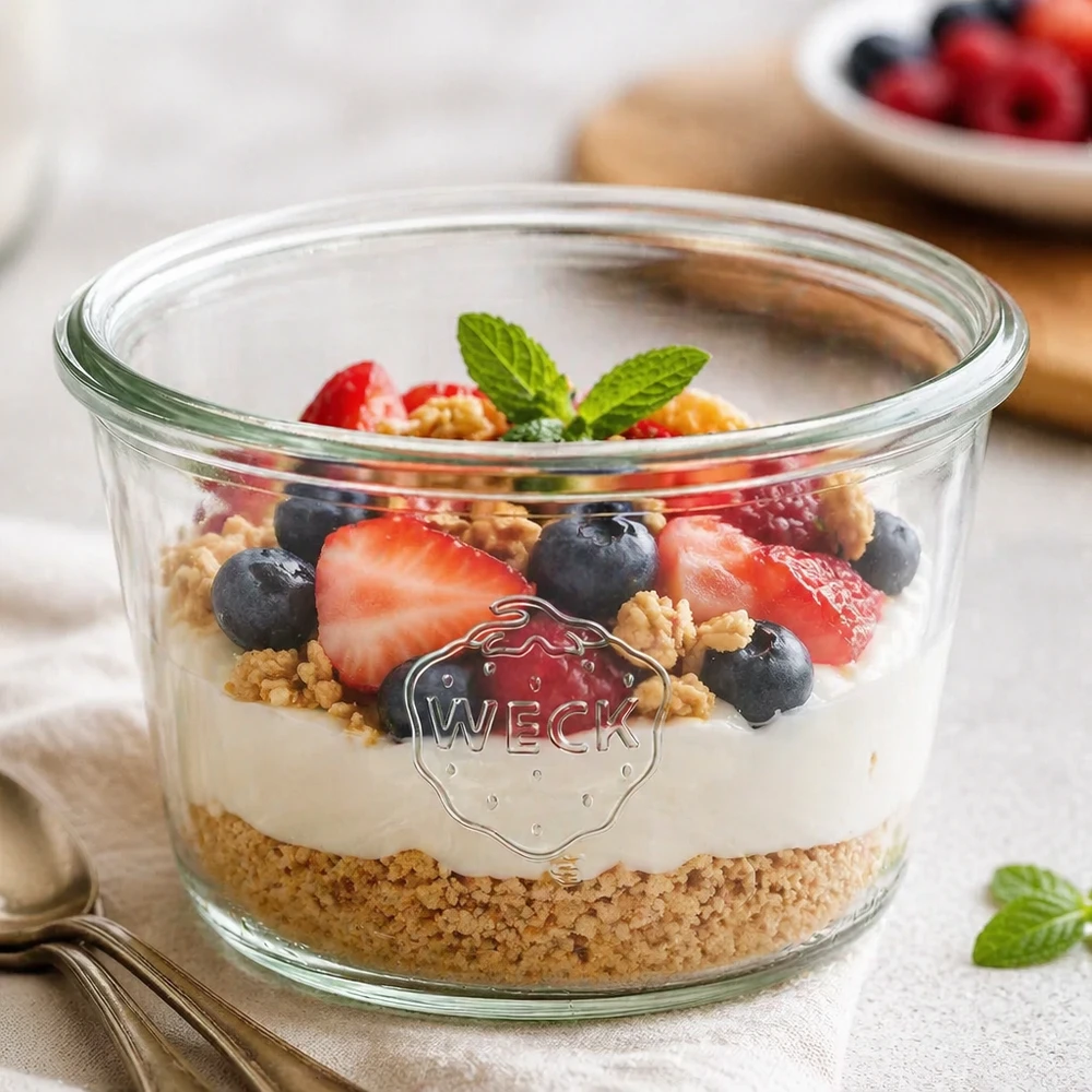 Vasos WECK 370ml RR100 llenos de muesli con yogur y bayas sobre una mesa de madera blanca