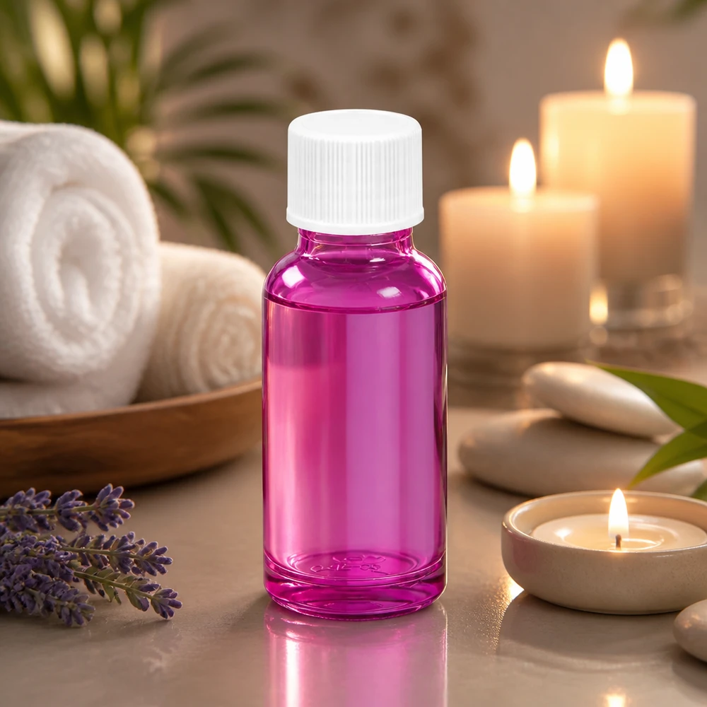 Botella de 20ml 11mm tapón de rosca blanco estándar PurpleLine UT18/20 Elegante frasco de 20 ml en violeta radiante con tapón blanco para spa y bienestar