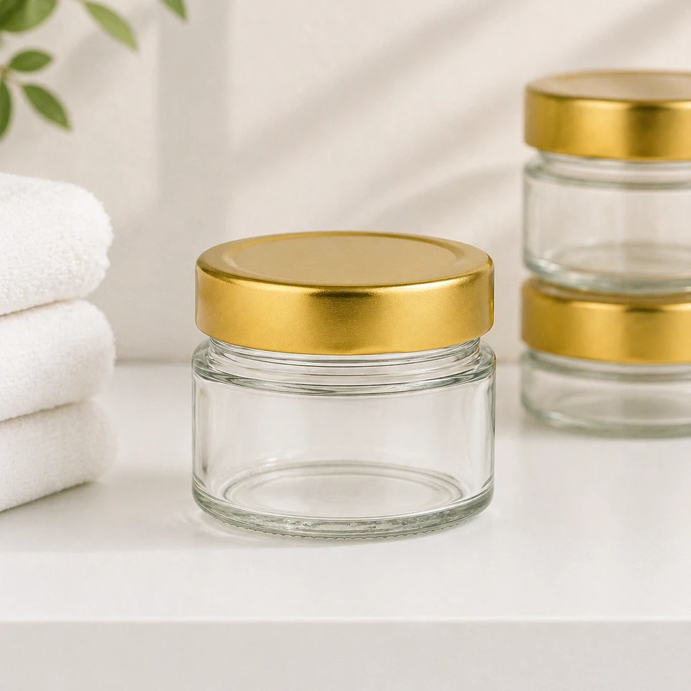 Tarro redondo de 80ml con tapa BasicSeal dorado profundo UNiTWIST Tarro redondo de 80 ml con tapa BasicSeal dorado profundo en un ambiente de baño con toallas blancas para cosméticos