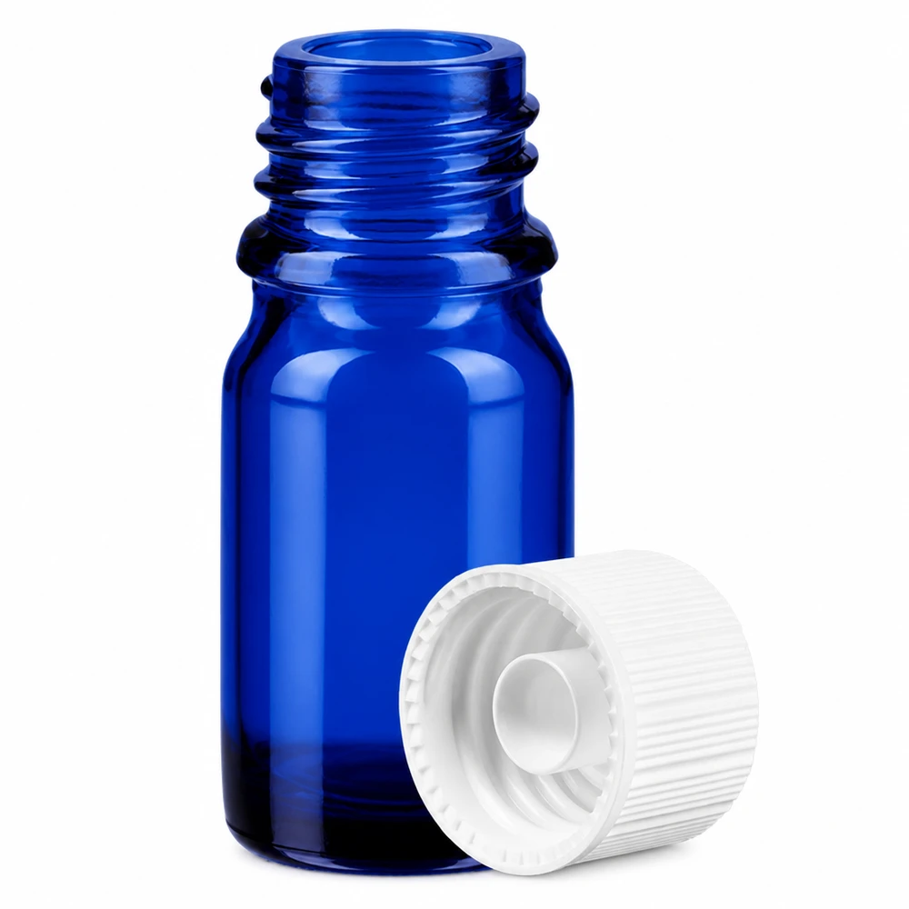 Frasco de vidrio azul de 5 ml con rosca de 11 mm SV blanco Serie estándar BlueLine para una dosificación precisa