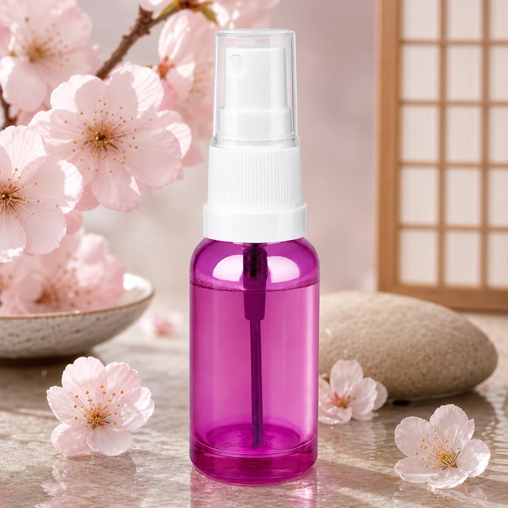 Frasco pulverizador de 20 ml con atomizador de plástico blanco de elegante aspecto morado para uso diario