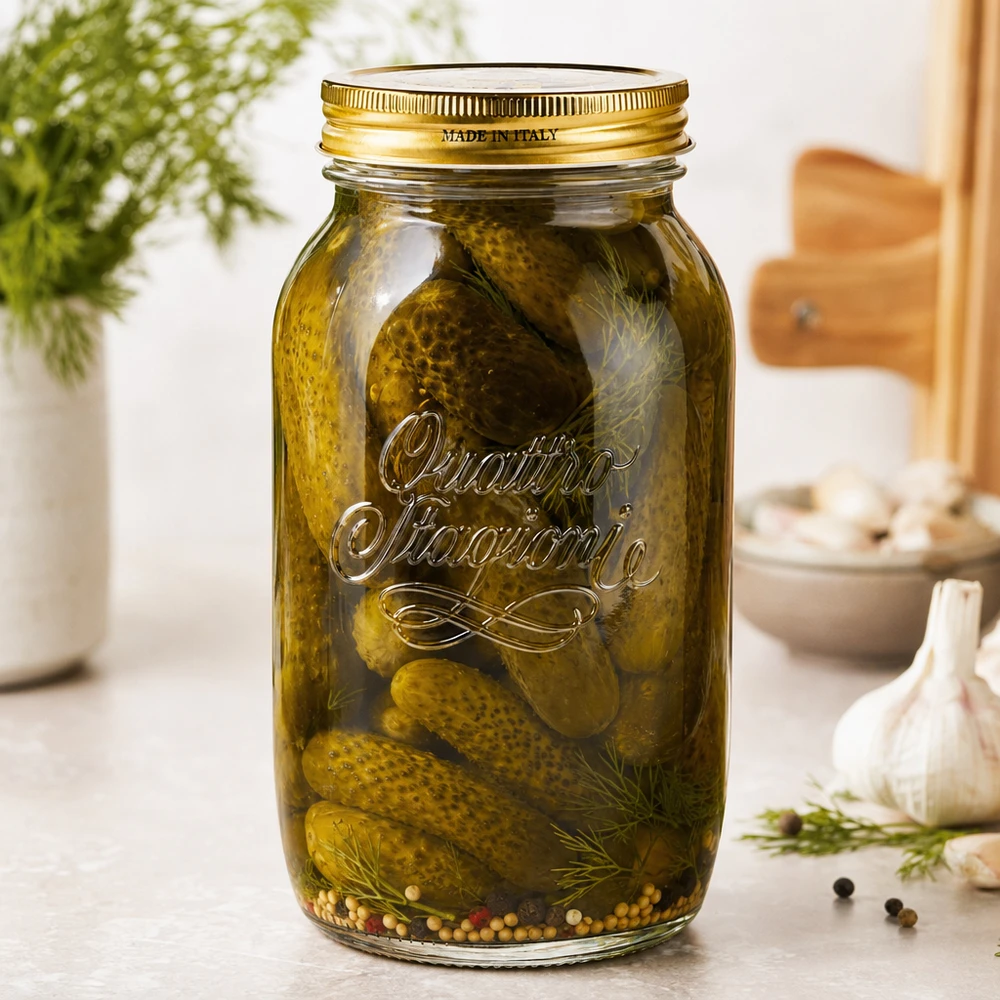 Vaso redondo "Quattro Stagioni" de 1500ml con tapa Quattro Stagioni 1500ml Einmachglas gefüllt mit eingelegten Gurken und Dill zeigt praktische Verwendung als Konservengla