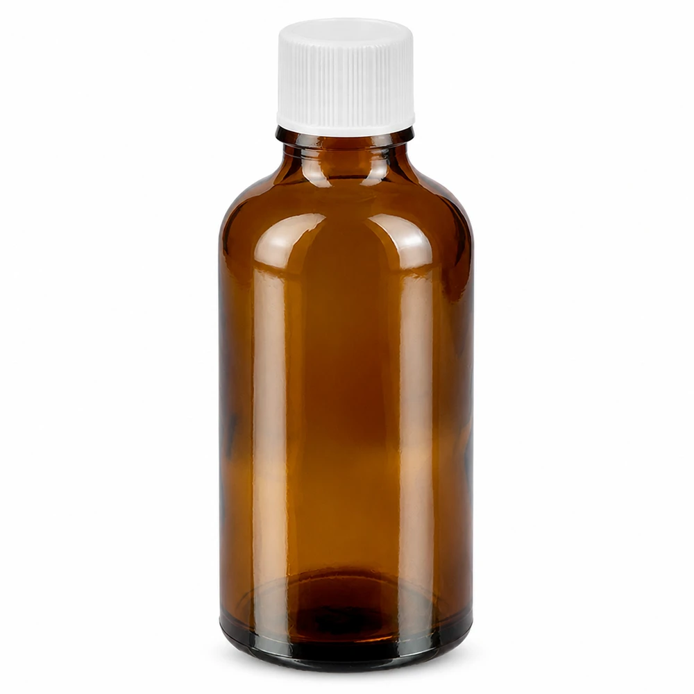 Botella 50ml 11mm tapón rosca blanco Standard BrownLine UT18/50 Frasco de vidrio marrón de 50 ml con tapón de rosca blanco para medicamentos y aceites esenciales