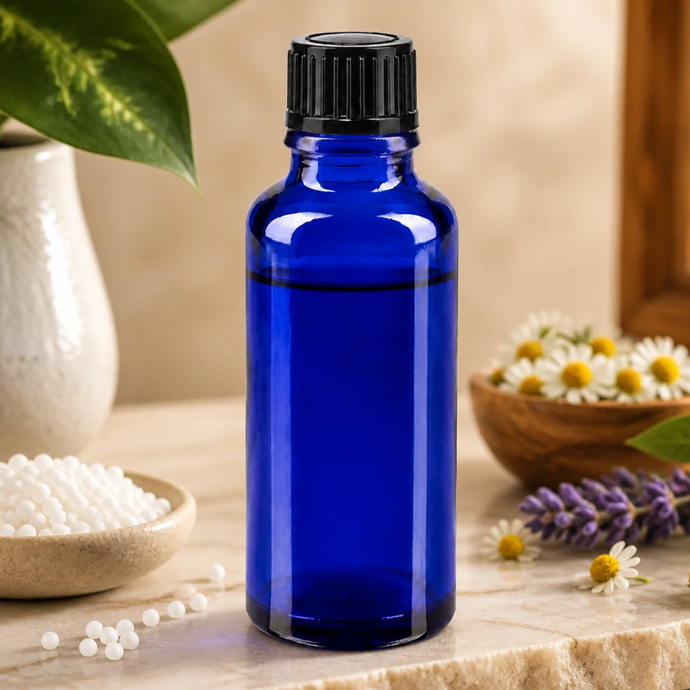 Pequeño frasco de 30 ml de cristal de farmacia azul cobalto con tapón negro a prueba de niños
