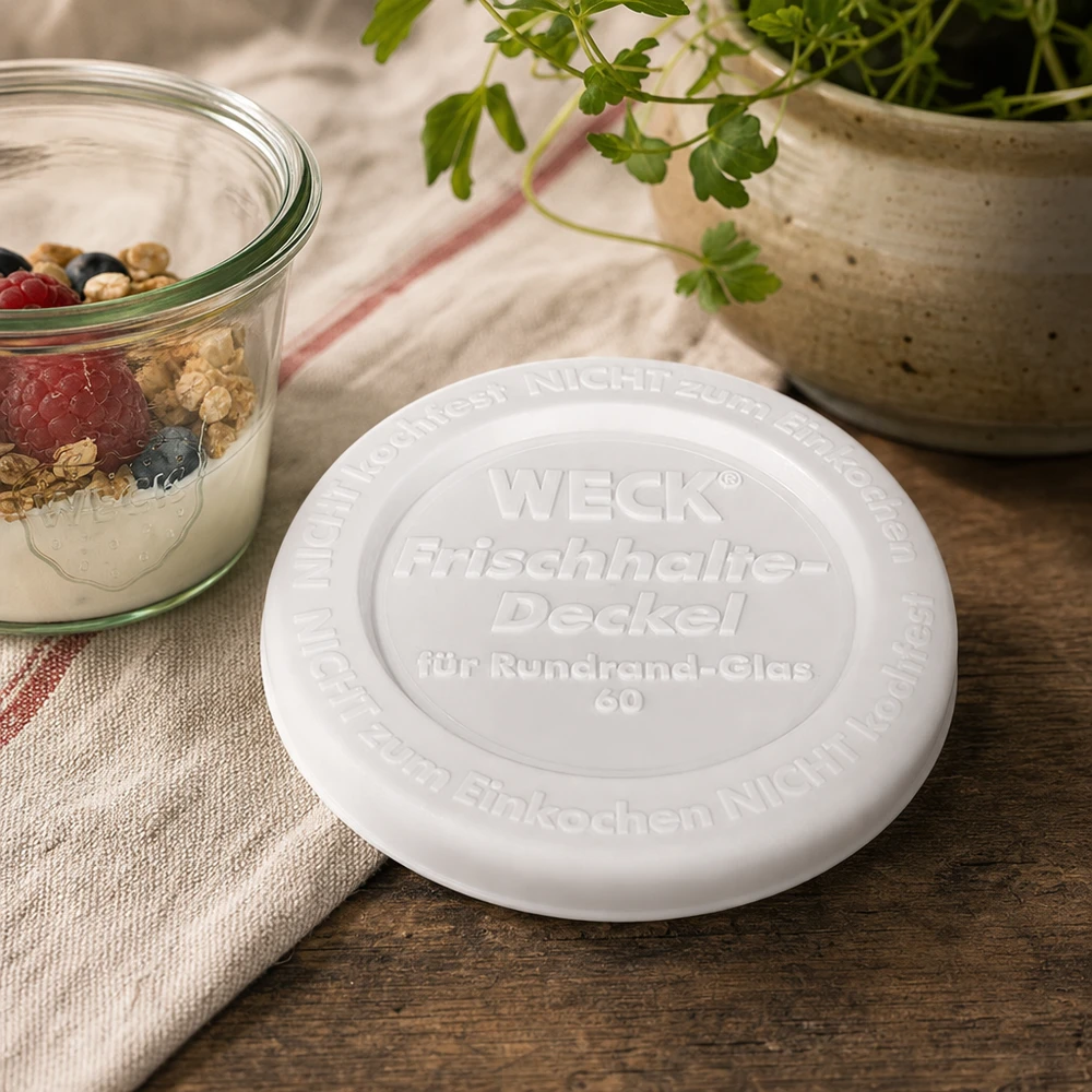 Tapa para conservas WECK RR60 WECK keep-fresh tapa RR60 tapa de plástico blanco sobre mesa de madera junto a yogur con bayas decoración de cocina natural