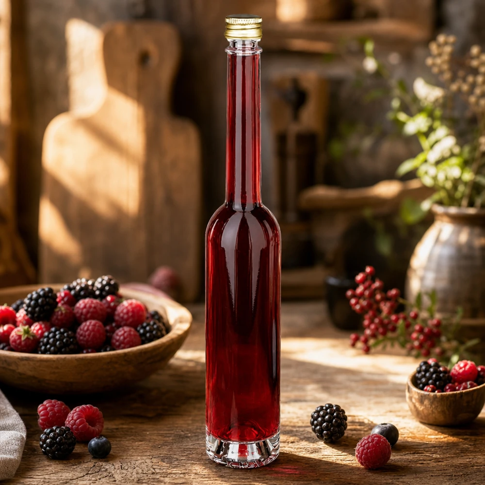 Botella de cristal de 100 ml de Toni rellena de licor de bayas - tapón dorado UNiTWIST en cocina rústica con bayas frescas