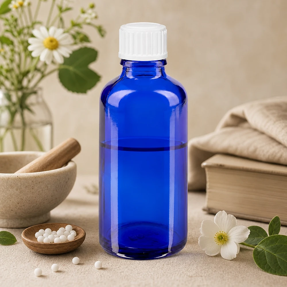 Frasco cuentagotas azul de 50 ml con tapón STD blanco, con una imagen de flores de manzanilla y un mortero