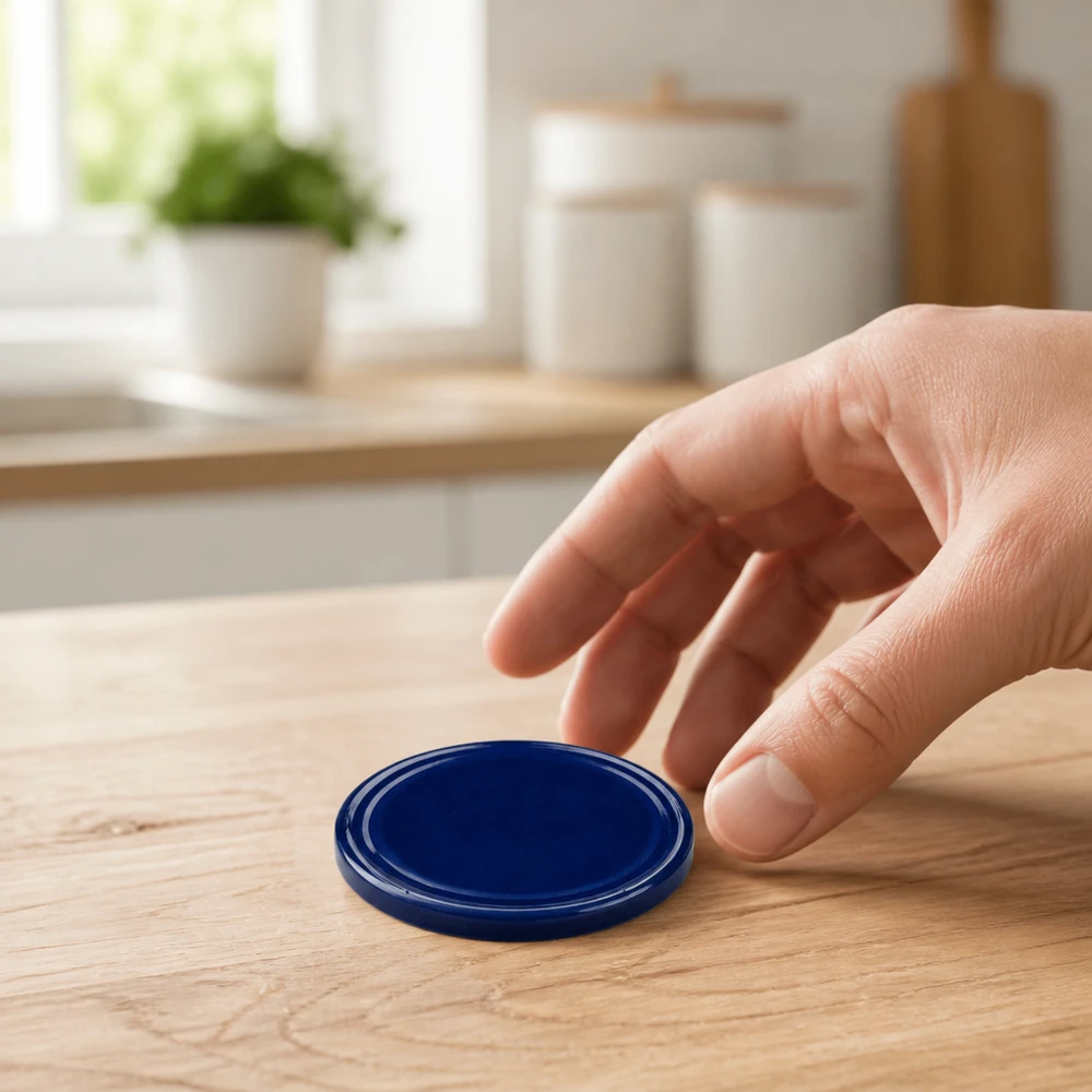 Tapa BasicSeal de 82 mm, azul (TO82) UNiTWIST Una mano coge una tapa BasicSeal azul de 82 mm (TO82) sobre una mesa de madera de cocina UNiTWIST