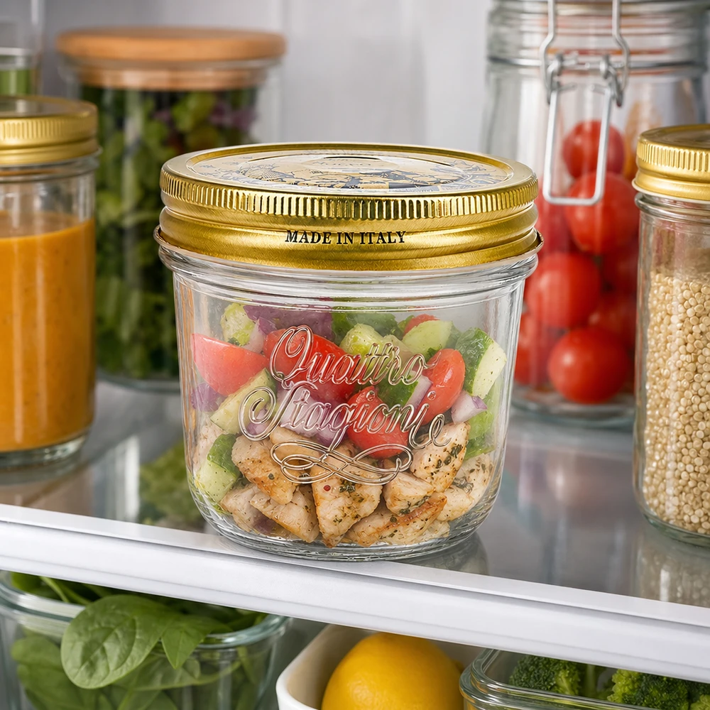 Tarro de cristal Quattro Stagioni de 200 ml con tapa dorada lleno de ensalada de colores en el frigorífico junto a otros tarros de conservación