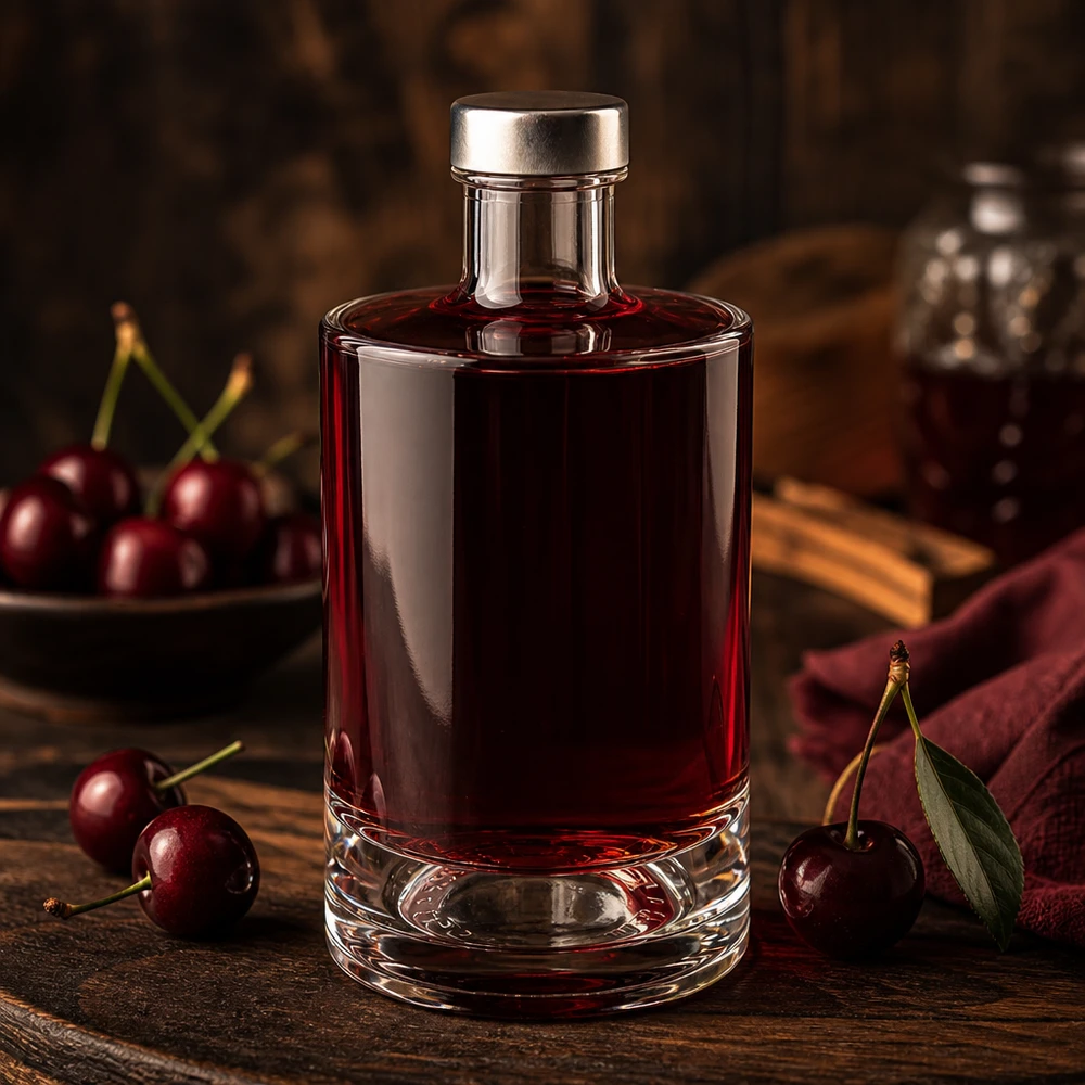 Botella de vidrio de 375 ml «Sam» y tapón de rosca plateado UNiTWIST® Botella de cristal Sam de 375 ml con relleno rojo cereza y tapón plateado entre cerezas frescas sobre una mesa de madera