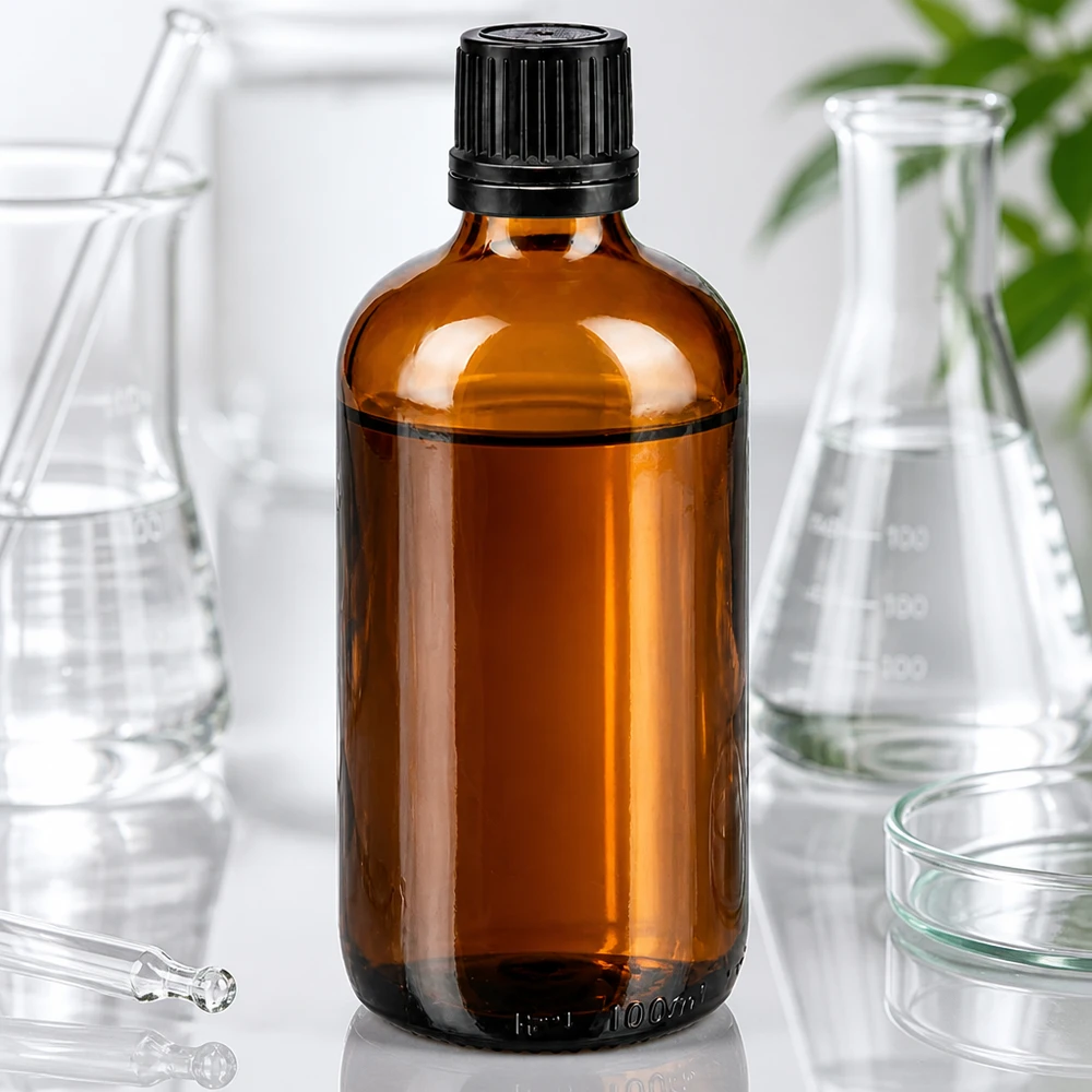 Botella de farmacia marrón 100ml tapón cuentagotas premium 1mm negro a prueba de manipulaciones Frasco de farmacia de 100 ml de vidrio ámbar con tapón de rosca negro y gotero de 1 mm en el laboratorio
