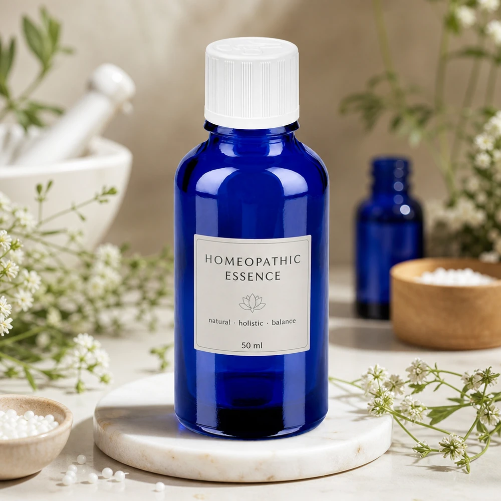 Frasco de vidrio de 30 ml en elegante azul con tapón de rosca de 11 mm para esencias homeopáticas