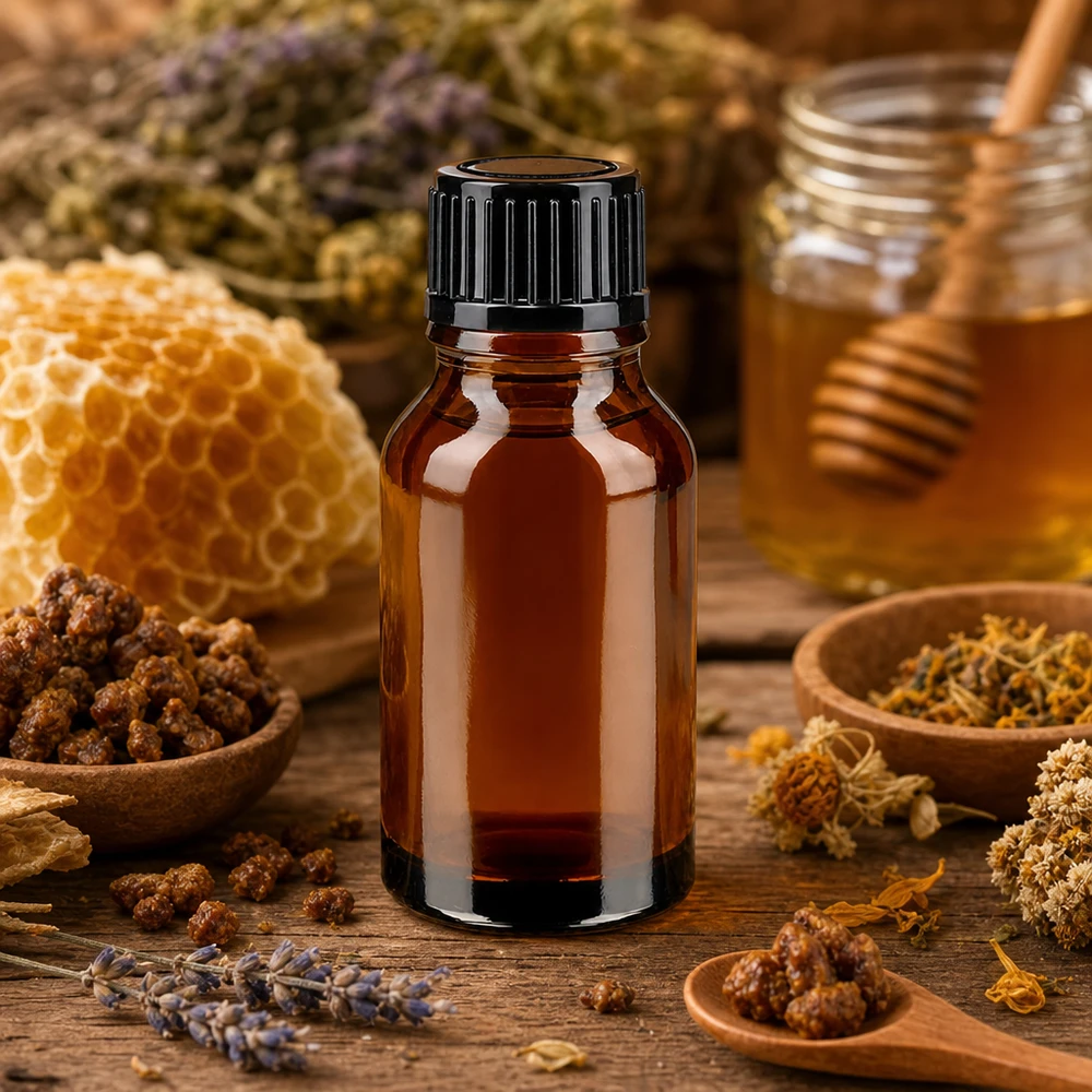 Frasco de farmacia marrón de 15 ml con tapón de rosca negro, entre la miel de panal y las hierbas medicinales