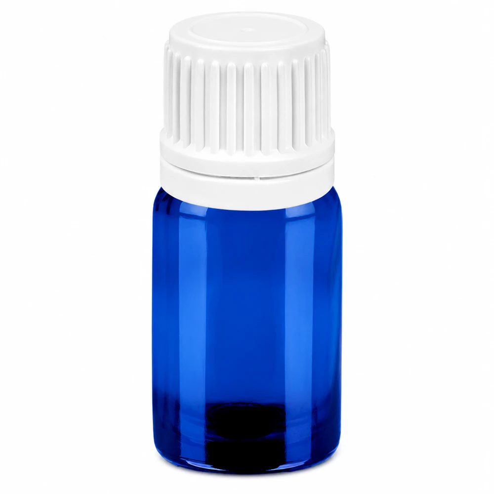 Frasco cuentagotas de 5 ml azul con tapón blanco para dosificar líquidos con precisión