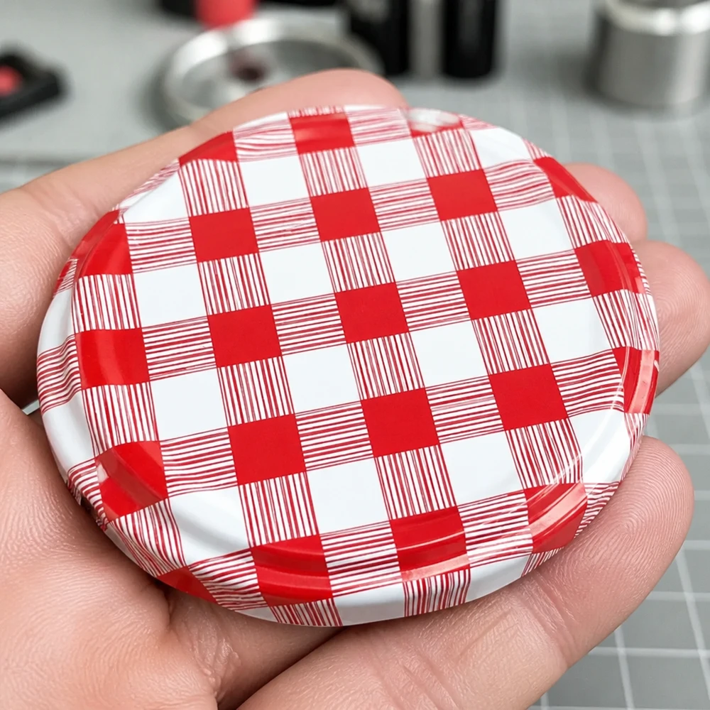 Tapa BasicSeal de 82 mm, a cuadros rojos y blancos (TO82) UNiTWIST Tapa metálica redondeada de 82 mm (TO82) con un diseño clásico a cuadros en rojo y blanco