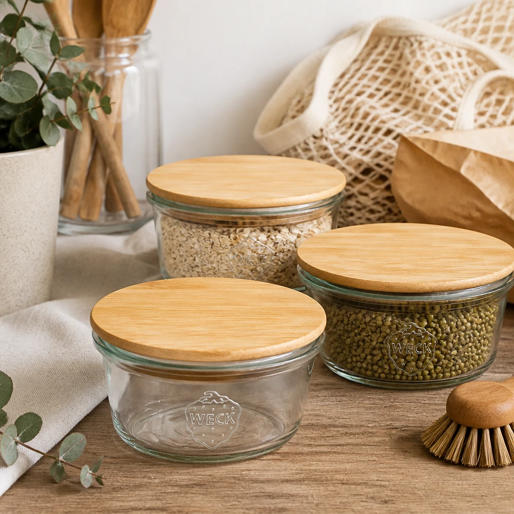 Tarro mini WECK RR60 de 50ml con tapa de madera WECK Mini Sturzglas 50ml mit Bambusdeckel in nachhaltiger Zero-Waste Küche mit Mesh-Beutel und Holzutensilien