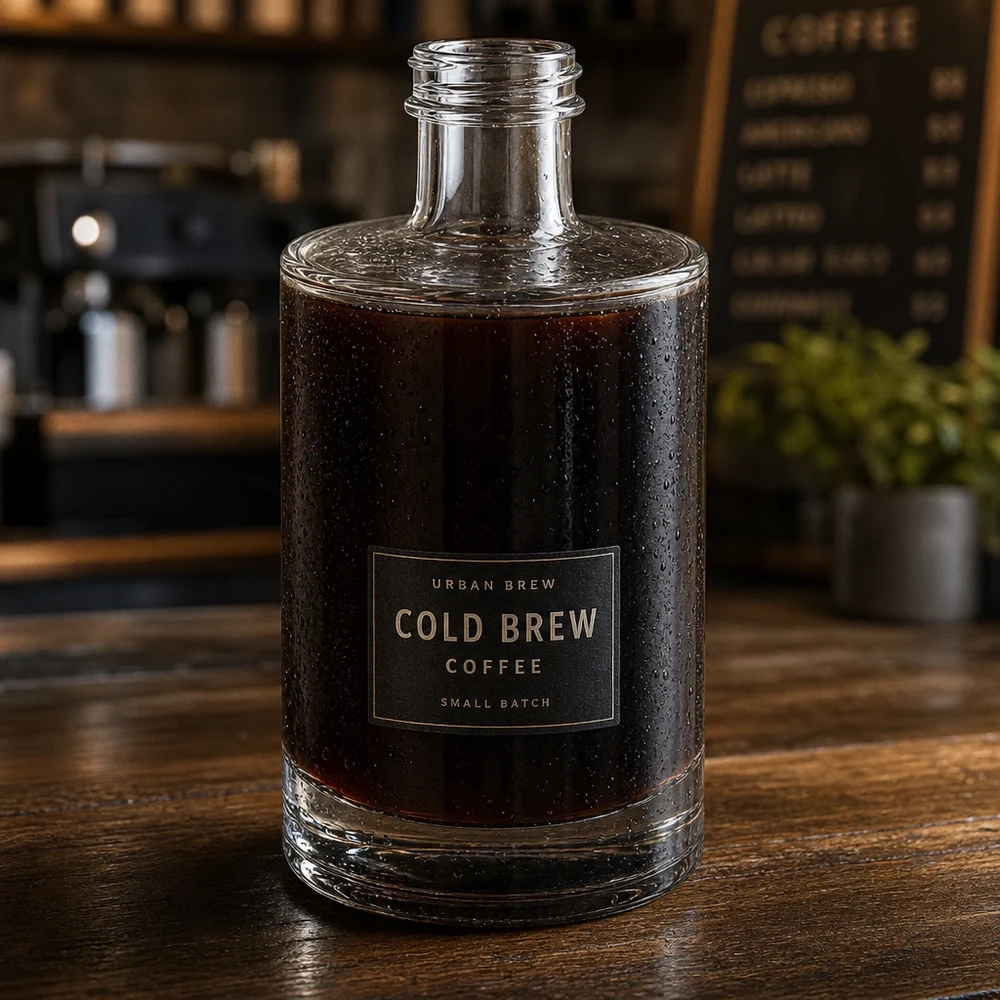 Botella de vidrio de 375 ml «Sam» sin tapón de rosca UNiTWIST® Botella de cristal Sam de 375 ml llena de café cold brew presentada en un elegante ambiente de bar cafetería