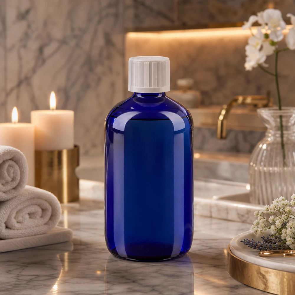 Frasco de farmacia azul de 100 ml con tapón de seguridad para niños, en un elegante ambiente de spa con velas