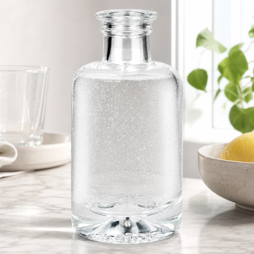 Botella de cristal Sofía de 100 ml llena de agua con gas sobre encimera de cocina blanca junto a limones y planta