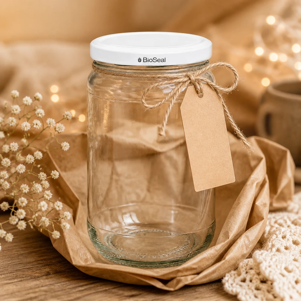 Tarro de cristal UNiTWIST Runda305 con tapa TO63 BioSeal en un ambiente cálido con etiqueta de regalo y decoración floral