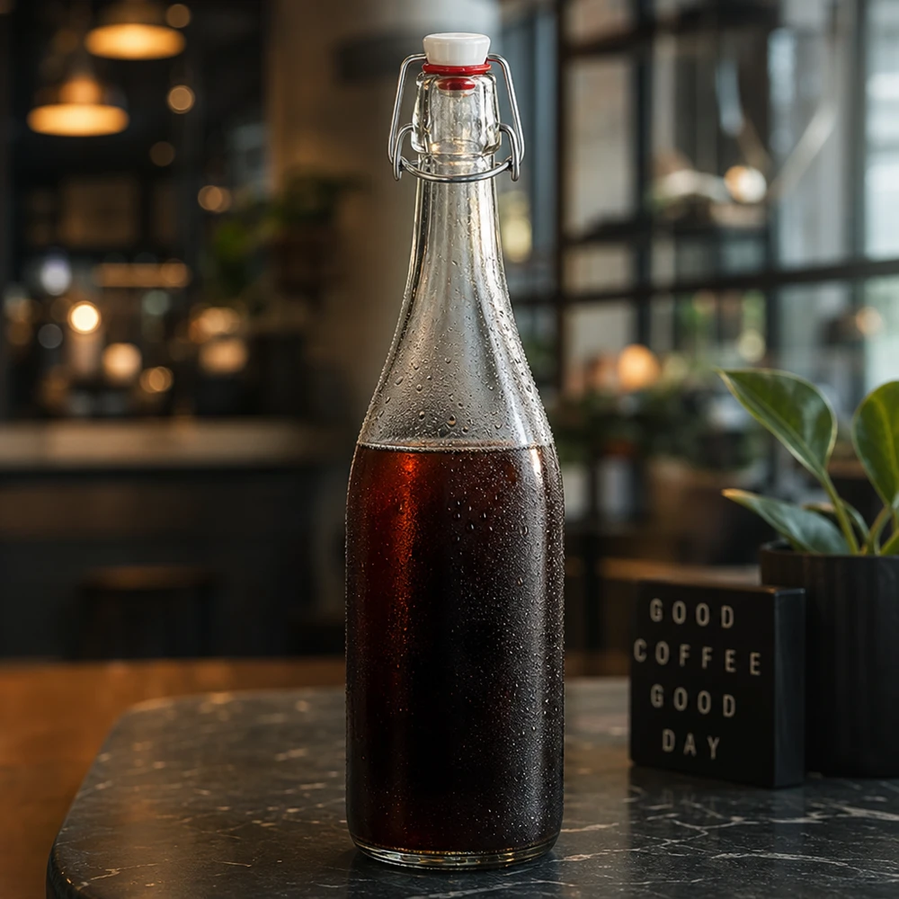 Botella de cristal de 750 ml con tapa oscilante llena de refresco de cola Ambiente de cafetería café cold brew iluminación ambiental con estilo