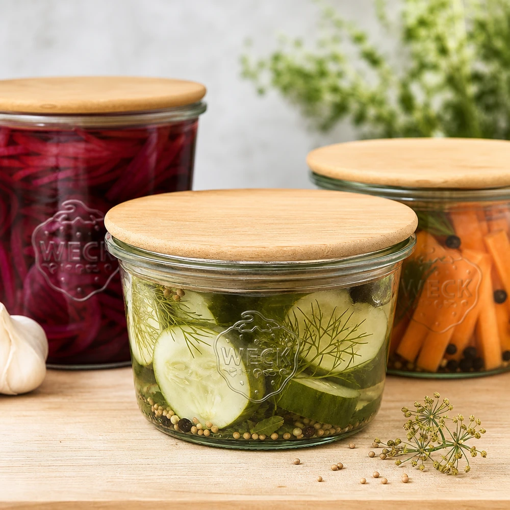 Vasos de 80ml WECK RR60 con tapa de madera WECK 80ml RR60 tapa de madera pepinos encurtidos fermentación verduras conservación utensilios de cocina