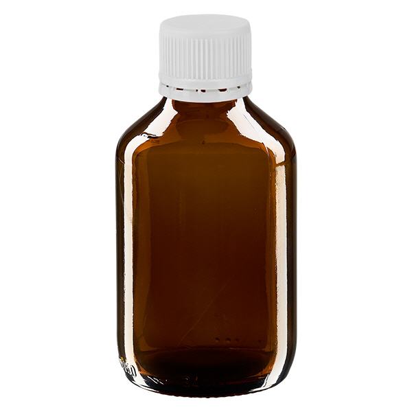 Frasco medicamento 150ml marrón, tapón blanco con precinto de seguridad ApoGlas Frasco medicamento 150ml marrón, tapón blanco con precinto de seguridad ApoGlas