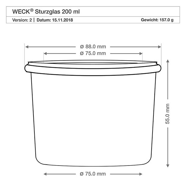 Dibujo técnico Vasos WECK 200ml RR80 con dimensiones Diámetro 88mm Altura 55mm Peso 157g