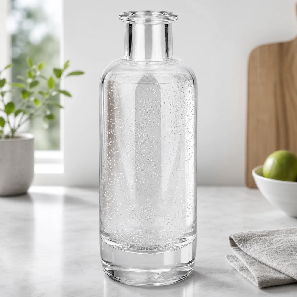 Botella de cristal de 200 ml Ella llena de agua mineral con gas en la cocina moderna muestra el uso para bebidas