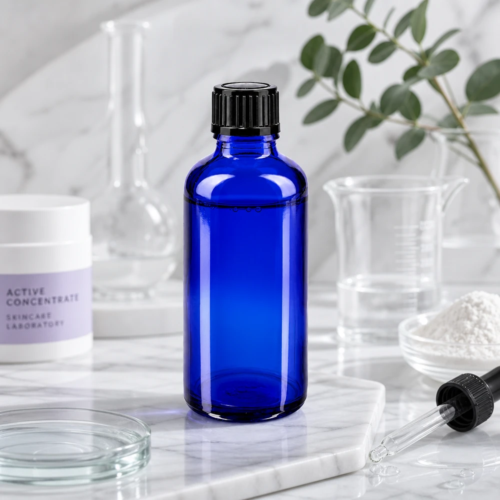 Frasco de laboratorio de 50 ml de cristal de farmacia azul cobalto con tapón cuentagotas negro en el laboratorio de cuidado de la piel