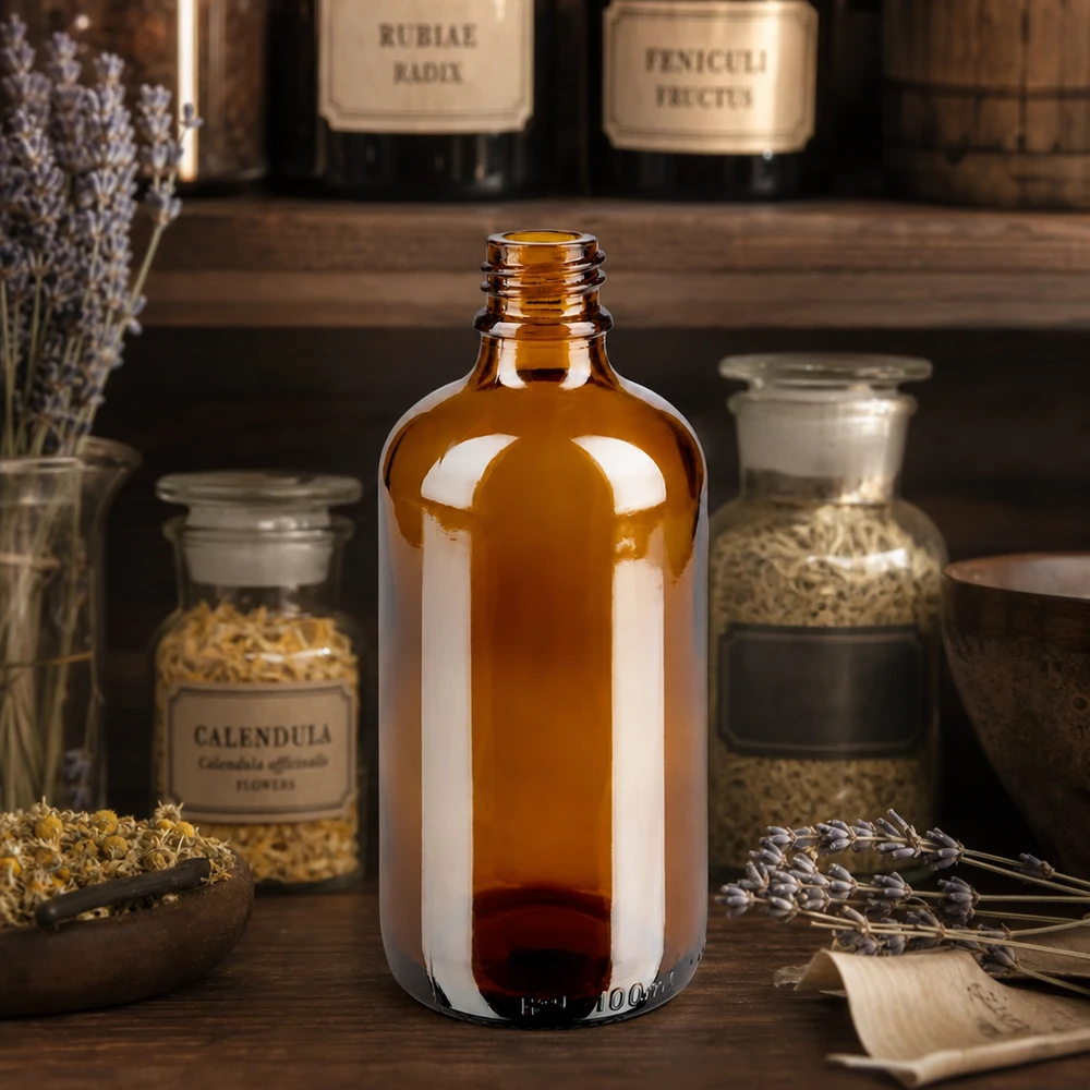 Frasco gotero 100 ml DIN 18 de vidrio ámbar Frasco boticario de ApoGlas marrón de 100 ml con hierbas de caléndula y lavanda en un ambiente rústico de botica