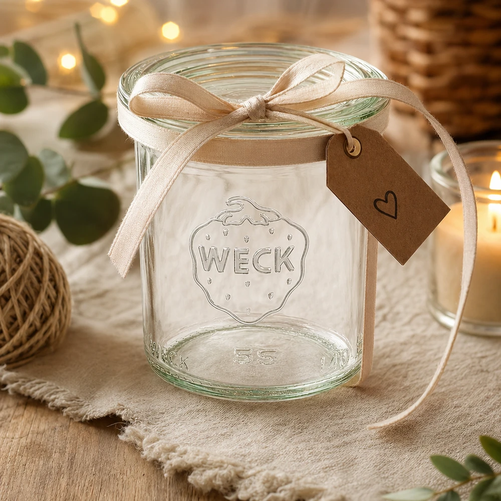 WECK Tarro de cristal de 140 ml con tapa de cristal RR60 | Calidad superior WECK Sturzglas 140ml RR60 als Geschenk dekoriert mit beiger Schleife und Herzanhänger auf rustikalem Holztisch