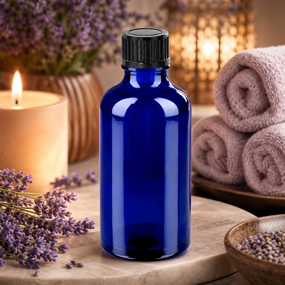 Frasco boticario de 50 ml en azul cobalto con tapón estándar de 11 mm para aromaterapia