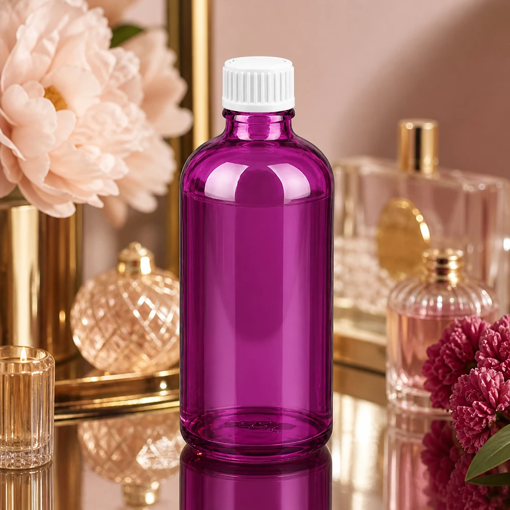 Elegante frasco de cristal morado de 100 ml con rosca UT18 para productos cosméticos y sérums de lujo