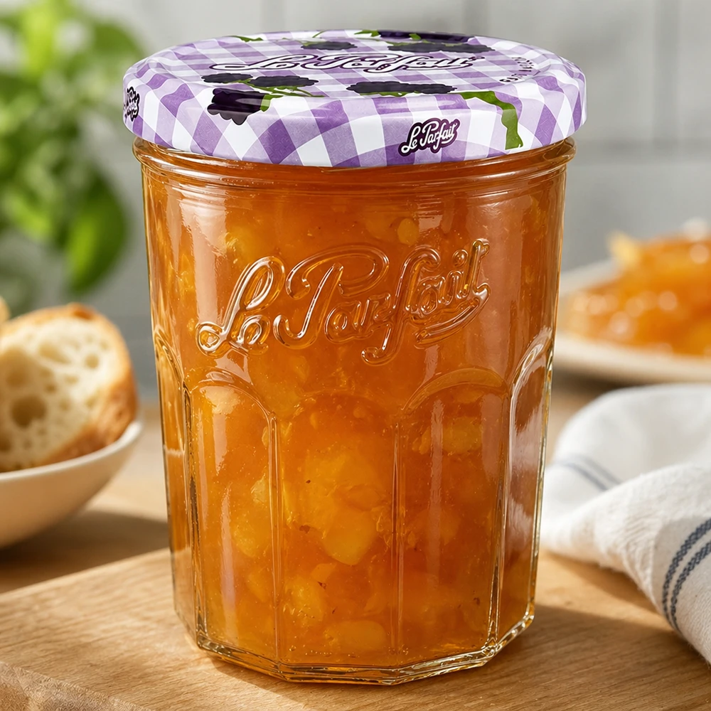 Le Parfait® Jam 385 ml Ø82 mm tarro mermelada Vasos Le Parfait 385ml llenos de mermelada de naranja sobre mesa de madera junto a bandeja de pan y desayuno