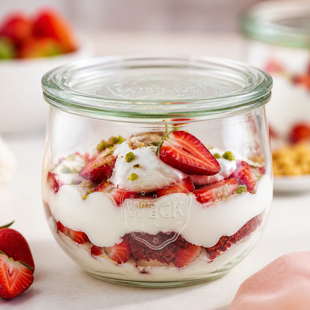 Tarro tulipán de 580ml con tapa de cristal WECK RR100 WECK tarro tulipán 580ml RR100 relleno de postre yogur de fresa como variante de postre con pistachos sobre una superficie blanca