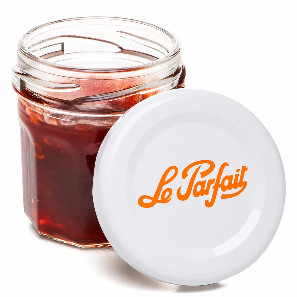 Le Parfait mini tarro de 44 ml abierto relleno de mermelada roja y logotipo naranja sobre tapa blanca