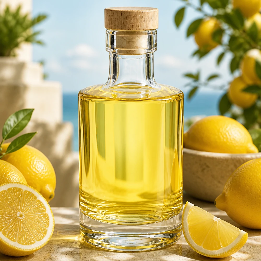 Botella de vidrio de 200 ml «Marie» con tapón de corcho con asa de madera UNiTWIST® Botella de cristal de 200 ml Marie llena de aceite amarillo, tapón de corcho, dispuesta decorativamente con limones sobre una mesa de madera