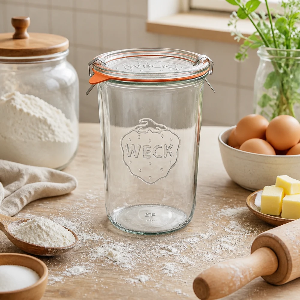 WECK vasos 850ml RR100 en el entorno natural de la cocina con ingredientes para hornear huevos mantequilla y harina para hervir hacia abajo