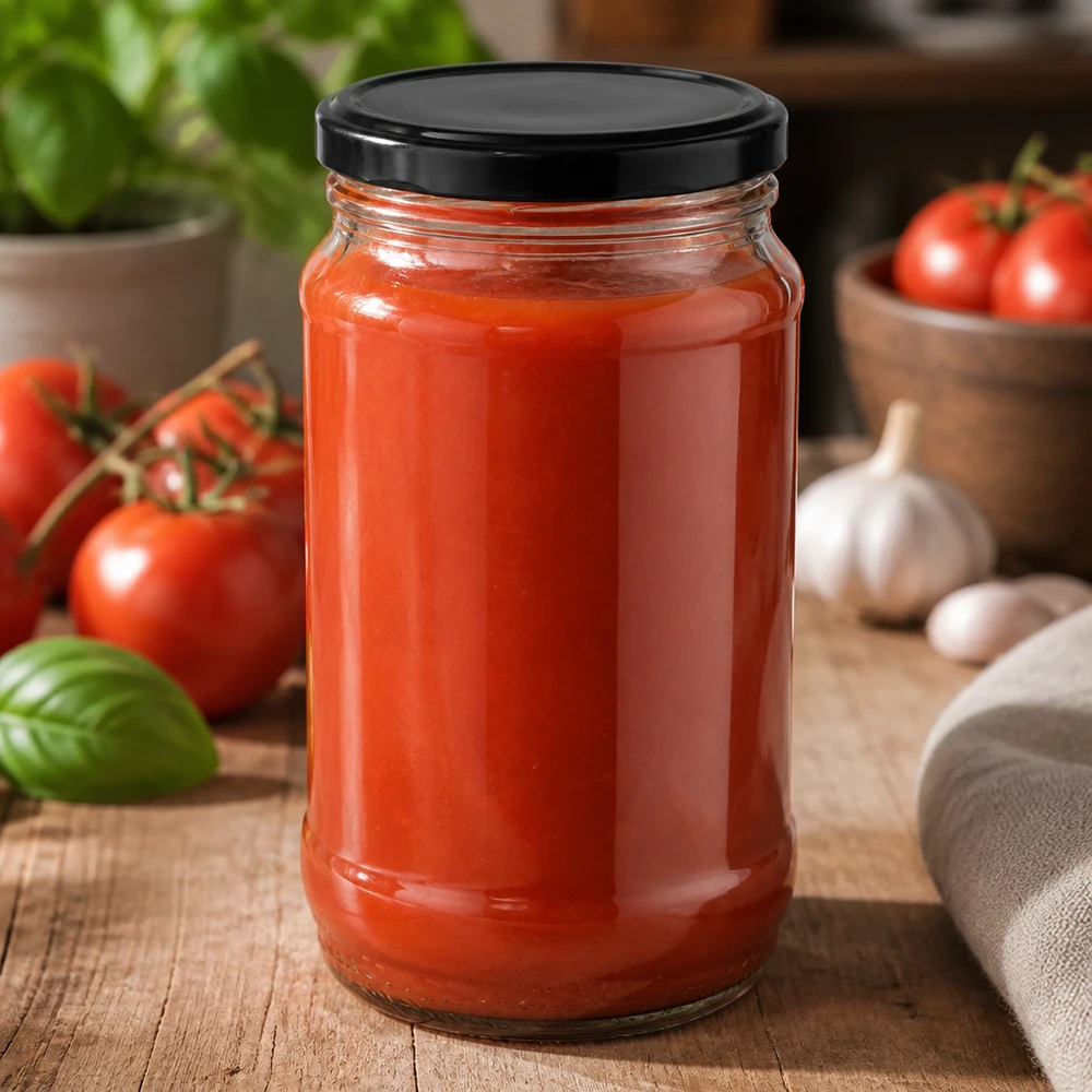 Tarro redondo de cristal UNiTWIST de 370 ml con tapa BasicSeal negra, lleno de salsa de tomate roja sobre una mesa de madera