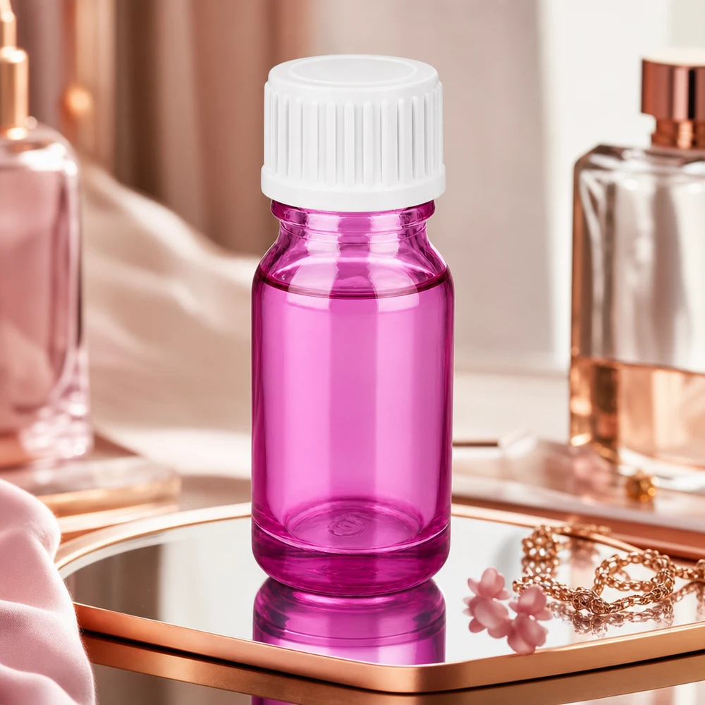 Frasco de 10 ml (glóbulo). Anillo vertedor de 3 mm blanco estándar PurpleLine. UT18/10 Frasco compacto de vidrio violeta de 10 ml con tapón blanco para una dosificación precisa de los principios activos