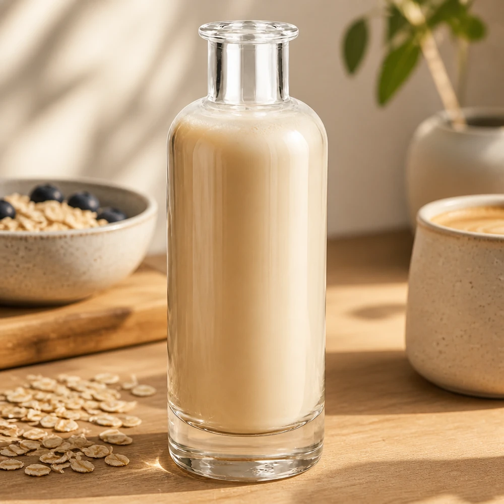 Botella de cristal de 200 ml de Ella llena de leche de avena sobre mesa de madera junto a copos de avena muestra uso para leche vegetal
