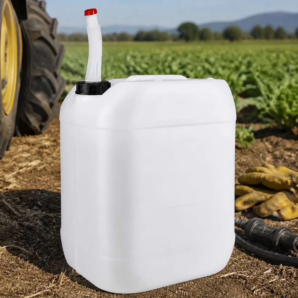 Bidón agrícola de 20 litros con tubo de salida flexible junto a un tractor en un campo de cultivo